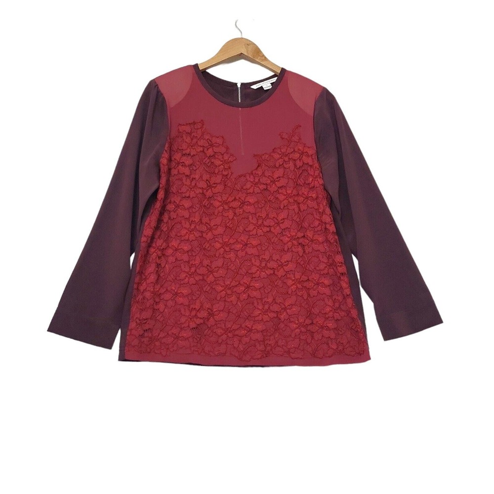 DVF Diane Von Furstenberg ‘Branwen’ Laced Silk Blouse Size‎ 14 Burgundy Top XL